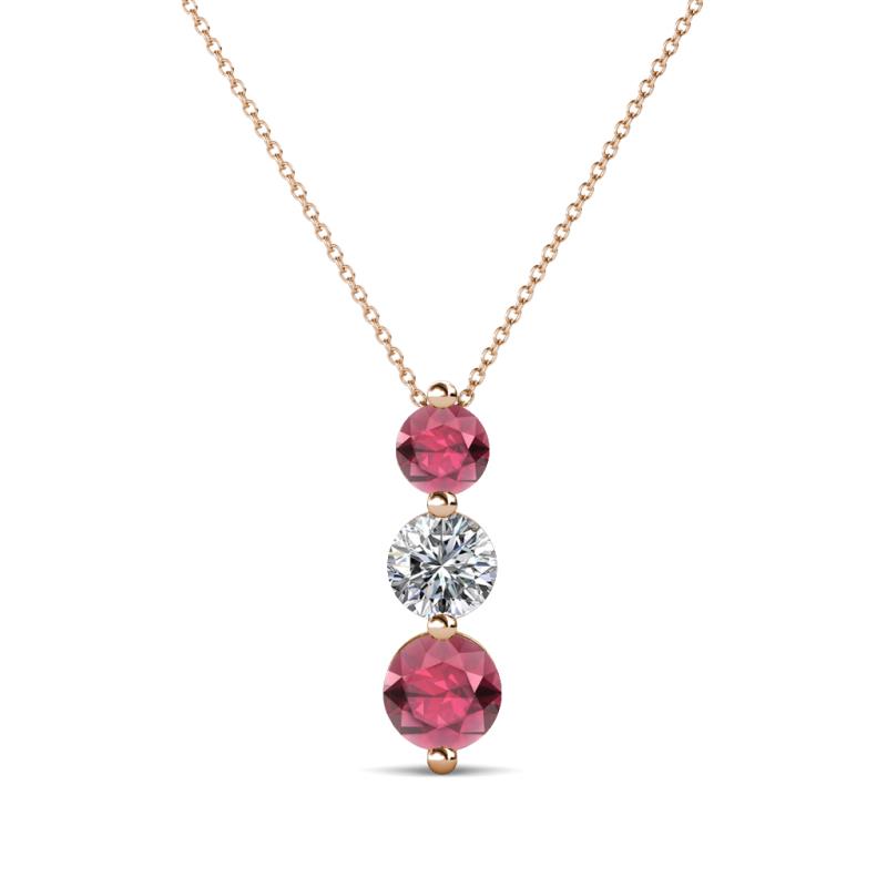 Kesha (4mm) Round Rhodolite Garnet and Diamond Graduated Three Stone Drop Pendant 