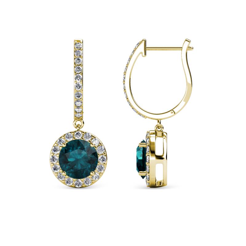 Ilona (6mm) Round London Blue Topaz and Diamond Halo Dangling Earrings 