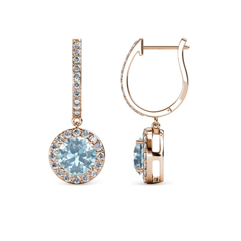 Ilona (6mm) Round Aquamarine and Diamond Halo Dangling Earrings 