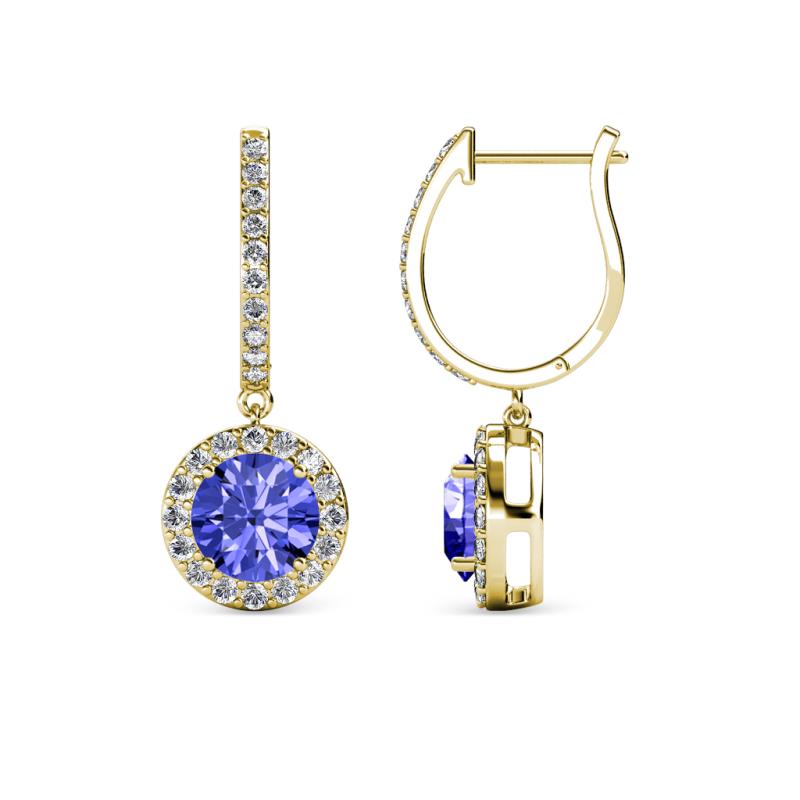 Ilona (6mm) Round Tanzanite and Diamond Halo Dangling Earrings 