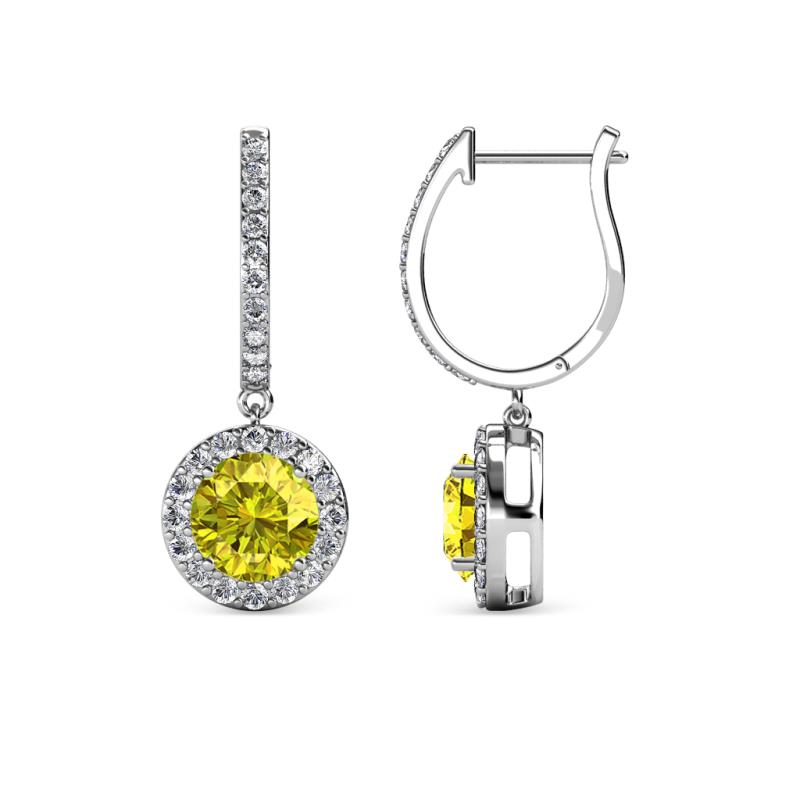 Ilona (6mm) Round Yellow and White Diamond Halo Dangling Earrings 