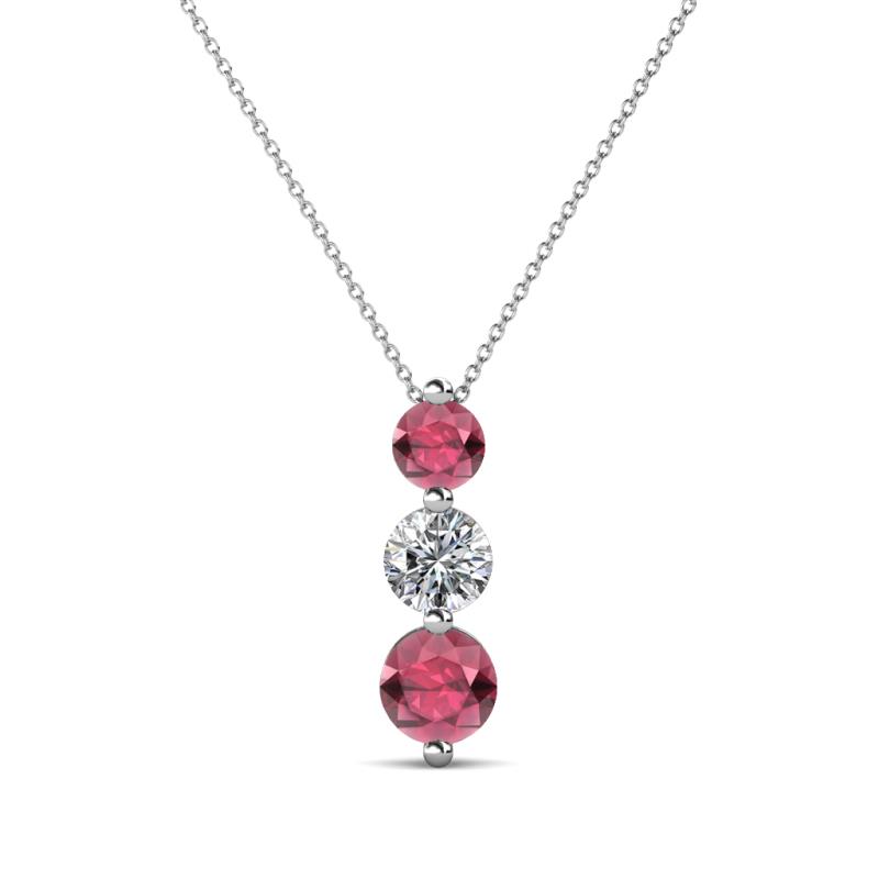 Kesha (4mm) Round Rhodolite Garnet and Lab Grown Diamond Graduated Three Stone Drop Pendant 
