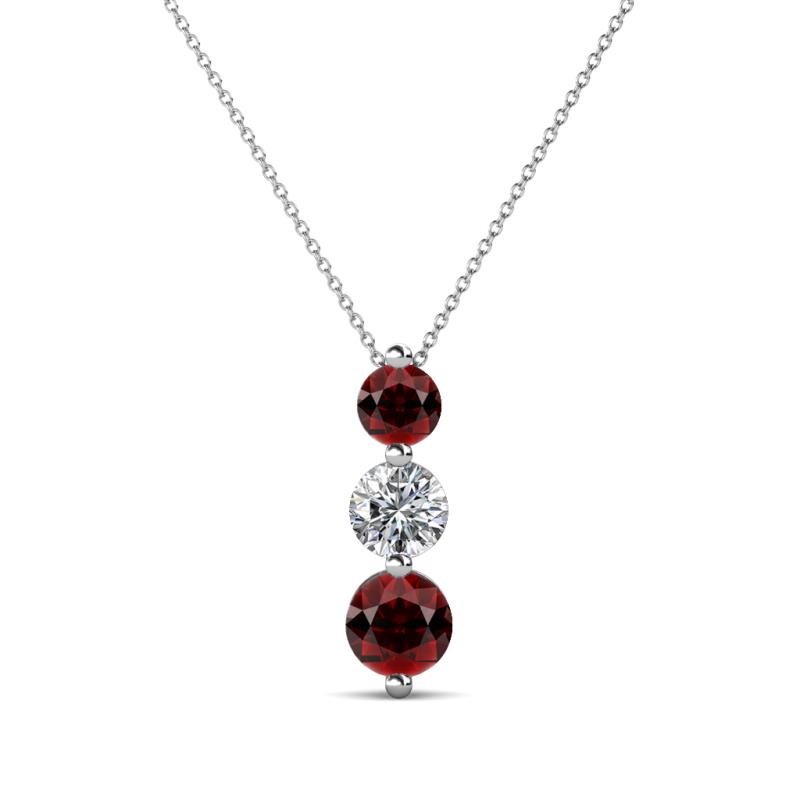 Kesha (4mm) Round Red Garnet and Lab Grown Diamond Graduated Three Stone Drop Pendant 