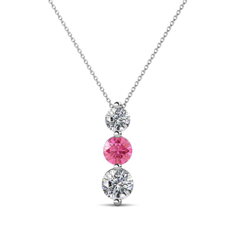 Kesha (4mm) Round Pink Tourmaline and Diamond Graduated Three Stone Drop Pendant 
