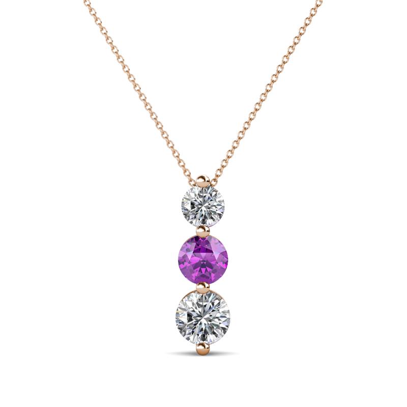 Kesha (4mm) Round Amethyst and Diamond Graduated Three Stone Drop Pendant 