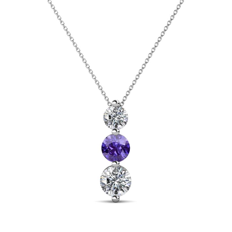 Kesha (4mm) Round Iolite and Diamond Graduated Three Stone Drop Pendant 