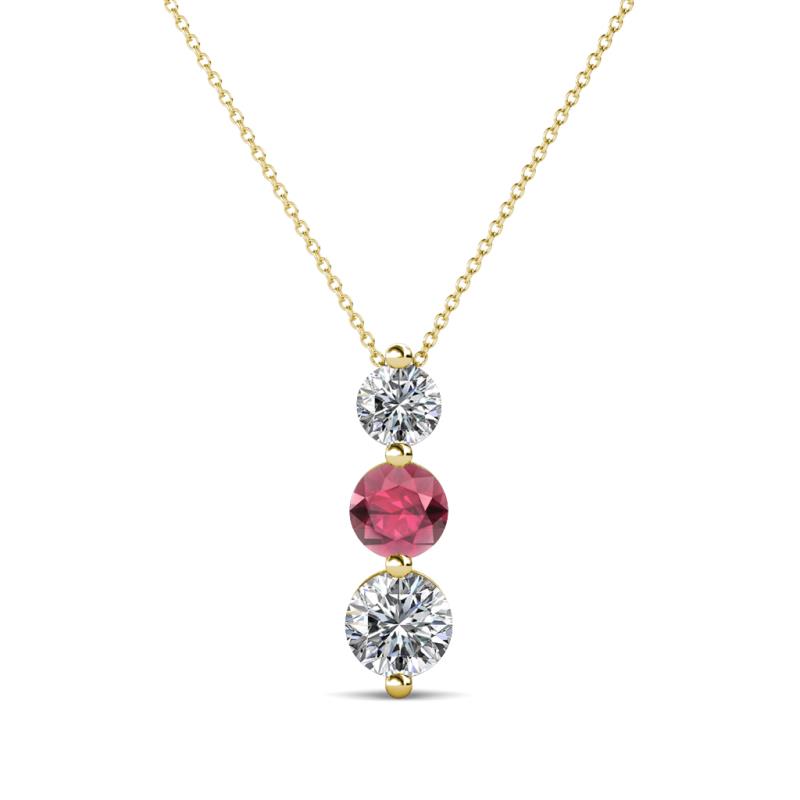 Kesha (4mm) Round Rhodolite Garnet and Diamond Graduated Three Stone Drop Pendant 