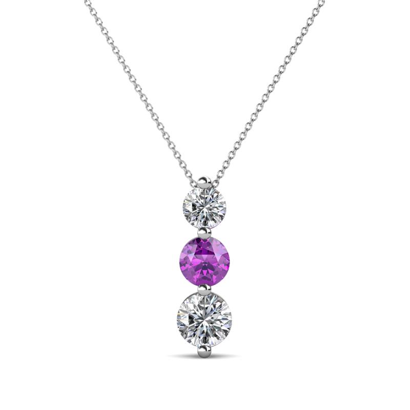 Kesha (4mm) Round Amethyst and Diamond Graduated Three Stone Drop Pendant 