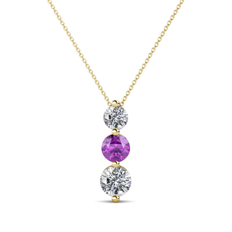 Kesha (4mm) Round Amethyst and Diamond Graduated Three Stone Drop Pendant 