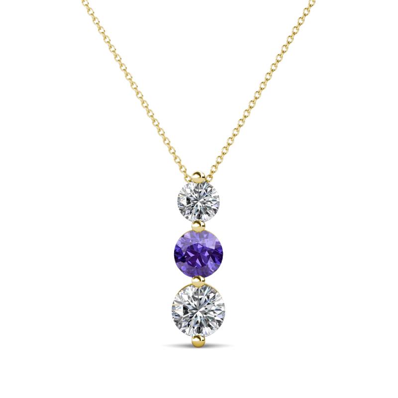 Kesha (4mm) Round Iolite and Diamond Graduated Three Stone Drop Pendant 