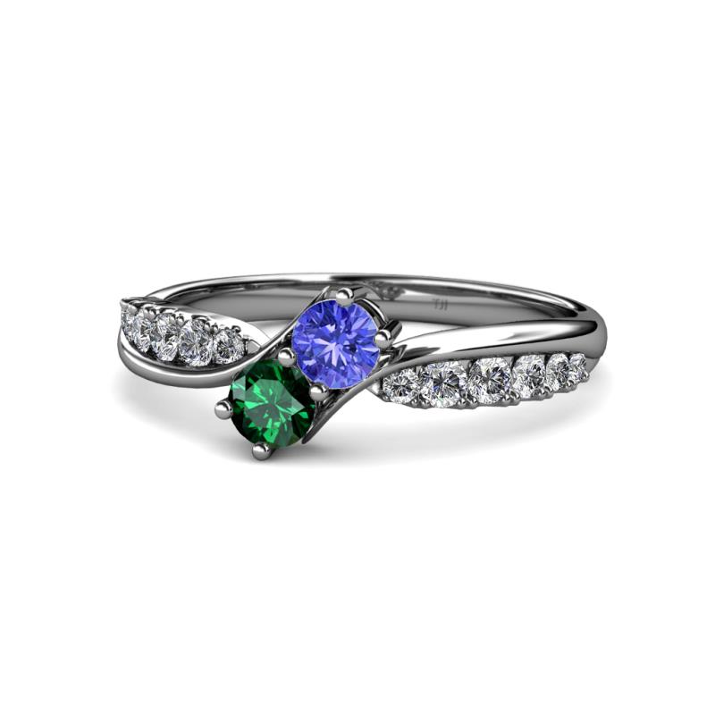 Nicia Tanzanite and Emerald with Side Diamonds Bypass Ring 