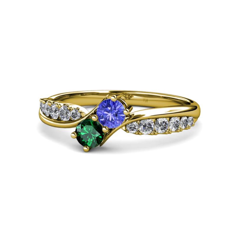 Nicia Tanzanite and Emerald with Side Diamonds Bypass Ring 