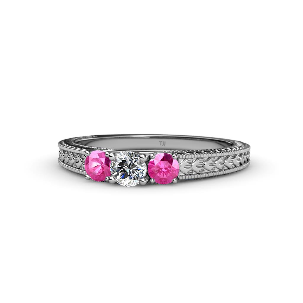 Reveka Pink Sapphire and Lab Grown Diamond Three Stone Engagement Ring 