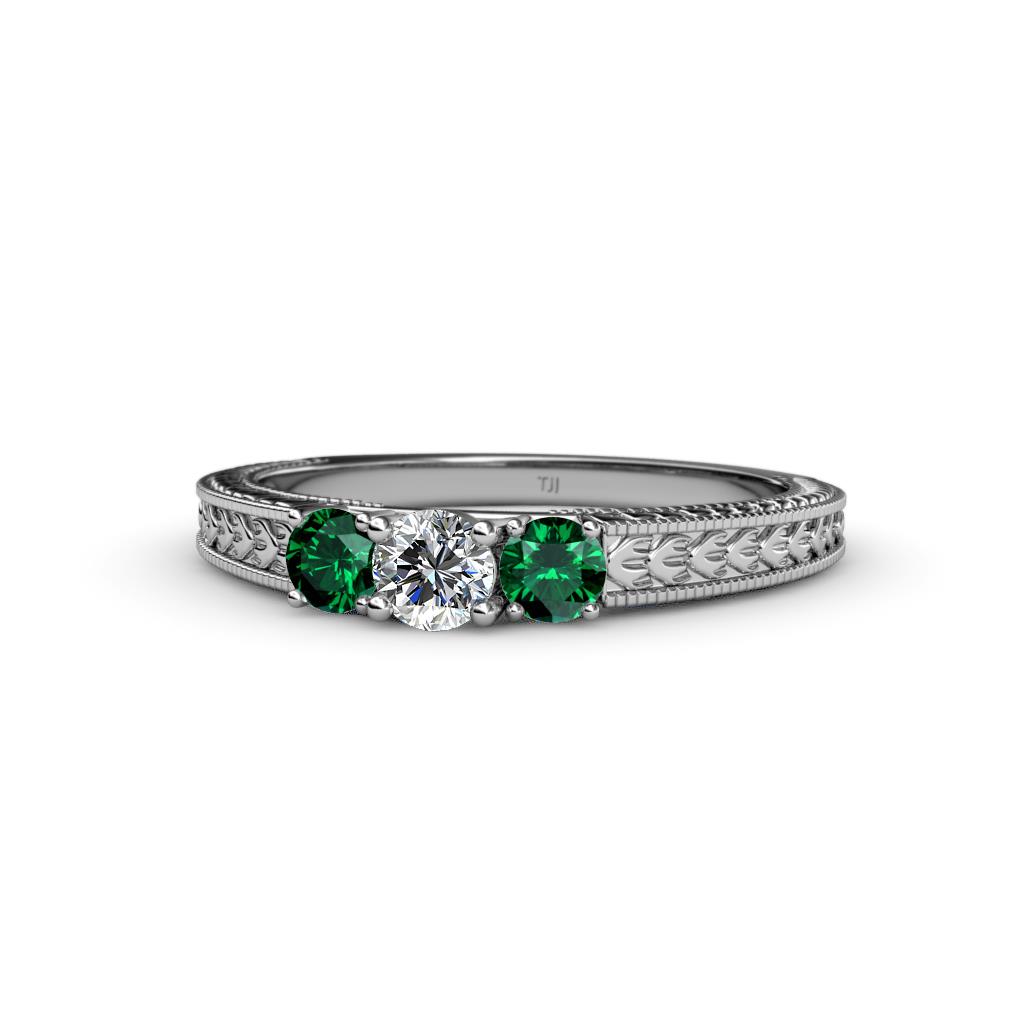 Reveka Emerald and Lab Grown Diamond Three Stone Engagement Ring 