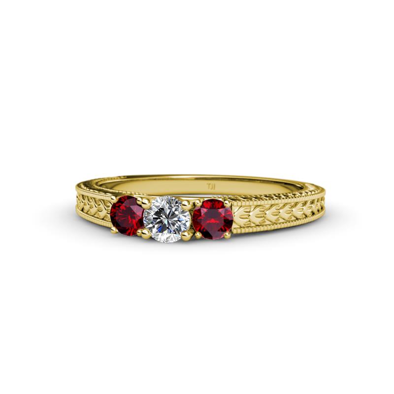 Reveka Ruby and Lab Grown Diamond Three Stone Engagement Ring 