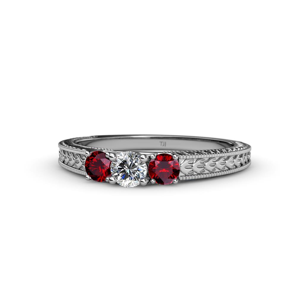 Reveka Ruby and Lab Grown Diamond Three Stone Engagement Ring 