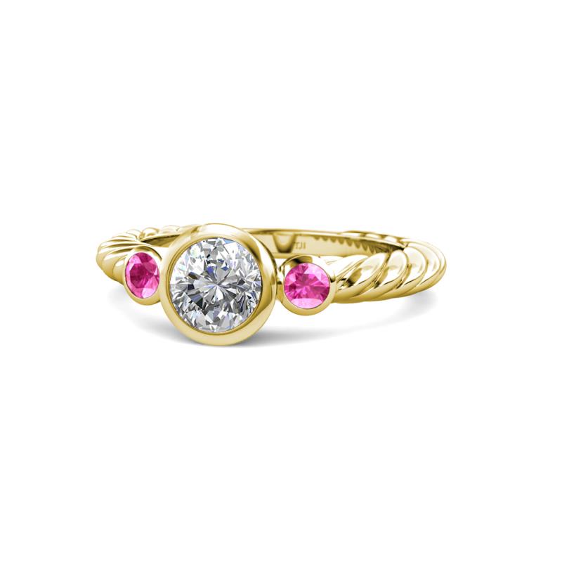 Azalea Pink Sapphire and Lab Grown Diamond Three Stone Engagement Ring 