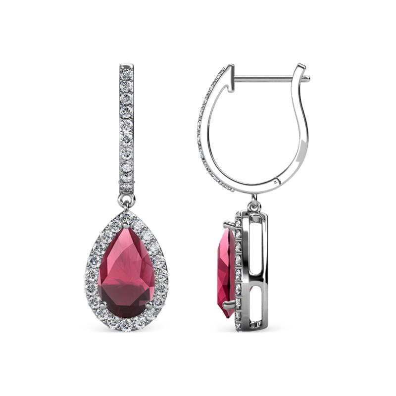 Ilona 2.14 ctw Rhodolite Garnet Pear Shape (7x5 mm) with accented Diamond Halo Dangling Earrings 