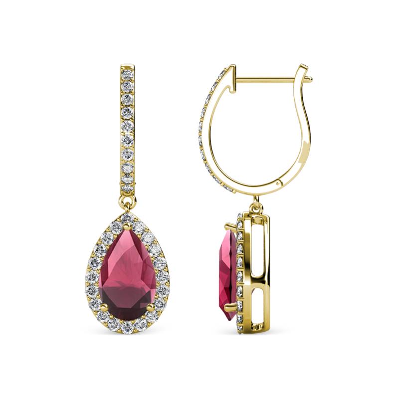 Ilona 2.14 ctw Rhodolite Garnet Pear Shape (7x5 mm) with accented Diamond Halo Dangling Earrings 