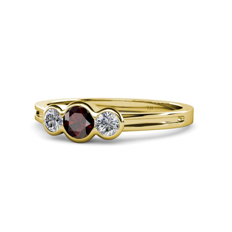 Irina Red Garnet and Lab Grown Diamond Three Stone Engagement Ring 