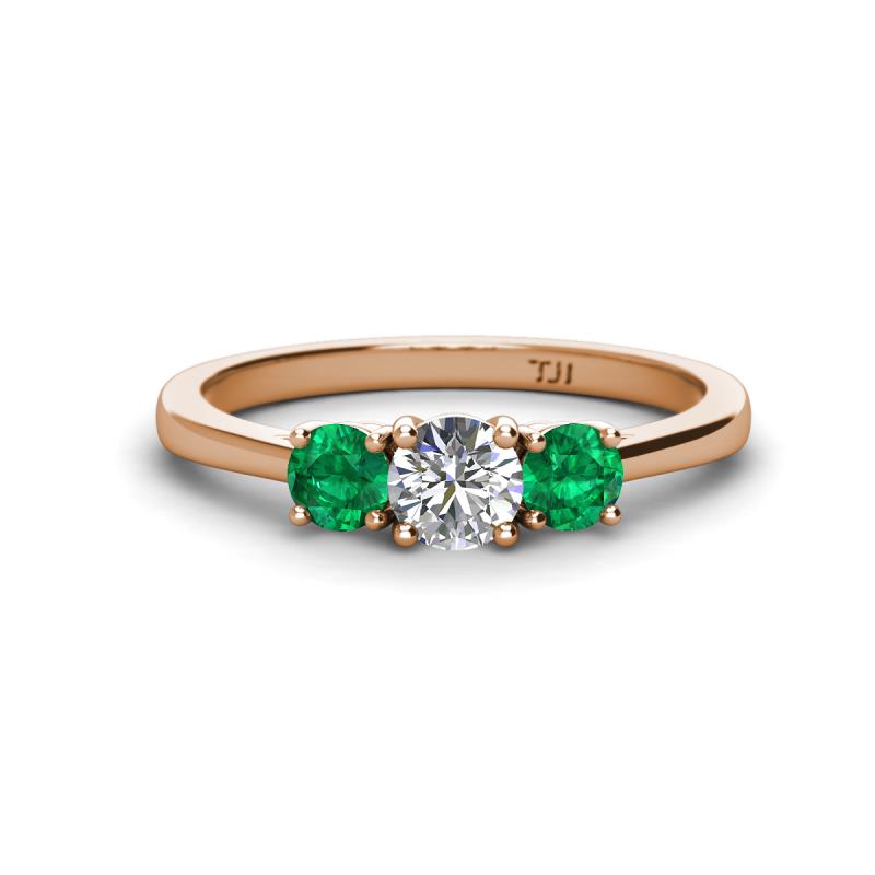 Quyen 1.00 ctw (5.00 mm) Round Lab Grown Diamond and Emerald Three Stone Engagement Ring 