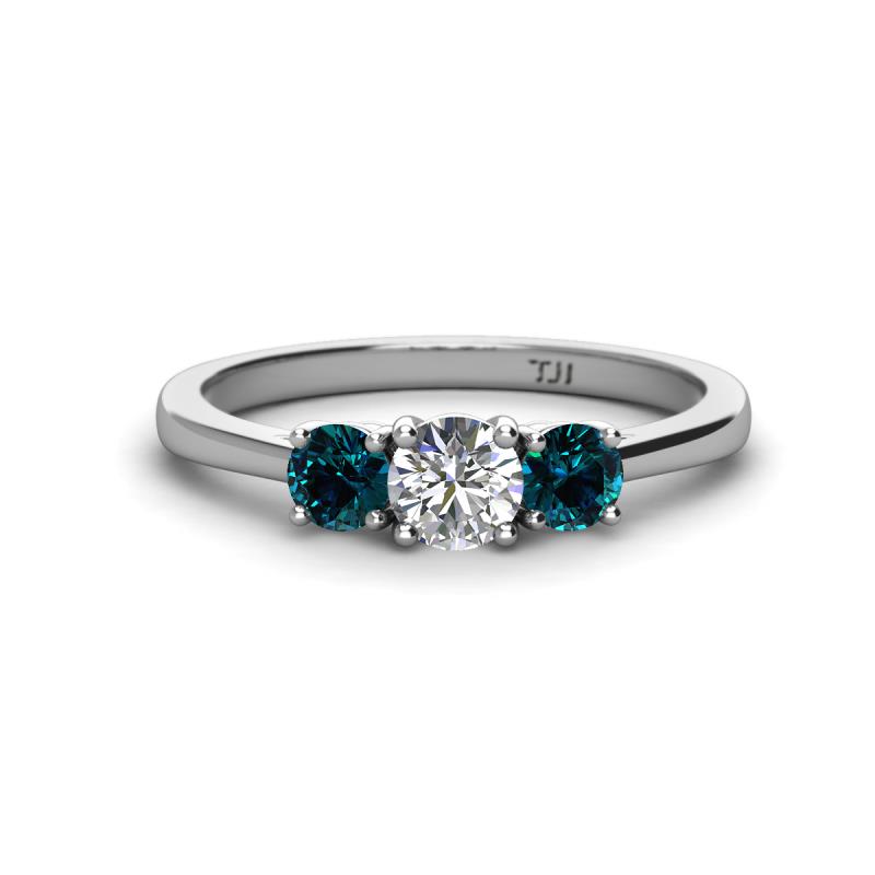 Quyen 1.00 ctw (5.00 mm) Round Lab Grown Diamond and Blue Diamond Three Stone Engagement Ring 