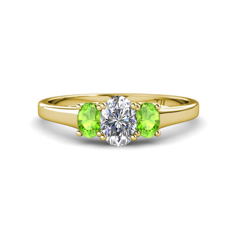 Orana 7x5 mm Oval Cut Diamond and Peridot 1.50 ctw Trellis Three Stone Engagement Ring 