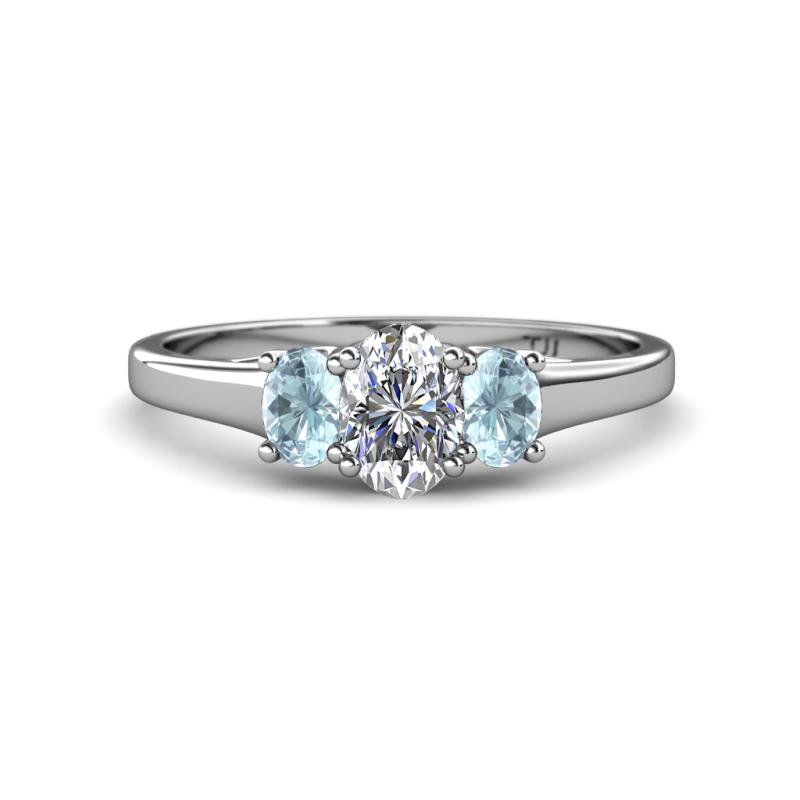 Orana 7x5 mm Oval Cut Diamond and Aquamarine 1.45 ctw Trellis Three Stone Engagement Ring 