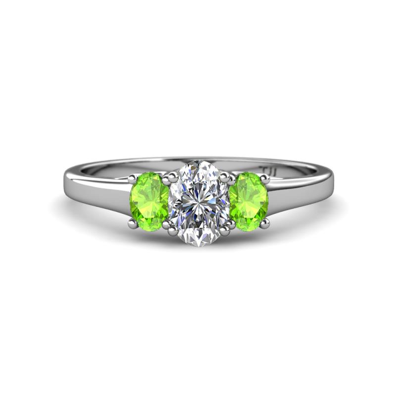 Orana 7x5 mm Oval Cut Diamond and Peridot 1.50 ctw Trellis Three Stone Engagement Ring 