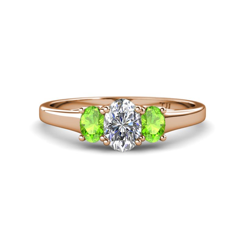 Orana 7x5 mm Oval Cut Diamond and Peridot 1.50 ctw Trellis Three Stone Engagement Ring 