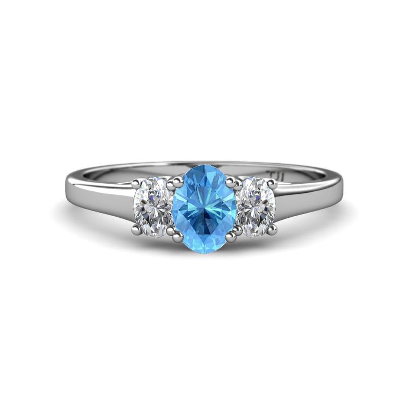 Orana 7x5 mm Oval Cut Blue Topaz and Diamond 1.44 ctw Trellis Three Stone Engagement Ring 