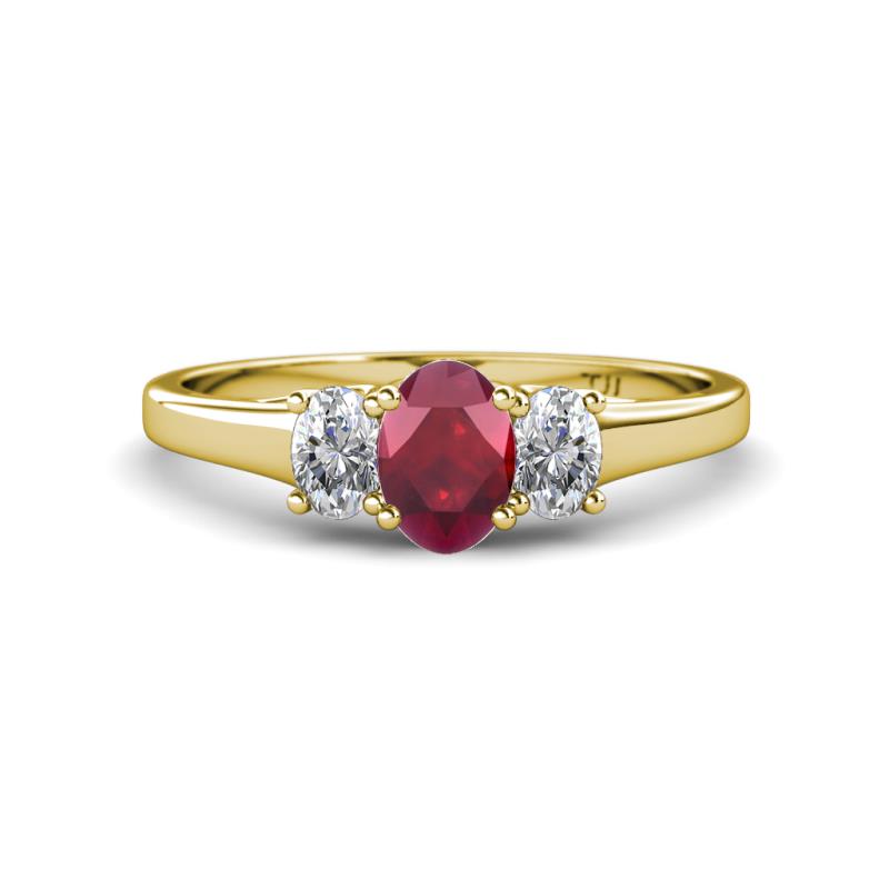 Orana 7x5 mm Oval Cut Ruby and Diamond 1.49 ctw Trellis Three Stone Engagement Ring 