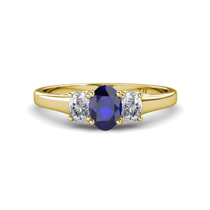 Orana 7x5 mm Oval Cut Blue Sapphire and Diamond 1.49 ctw Trellis Three Stone Engagement Ring 