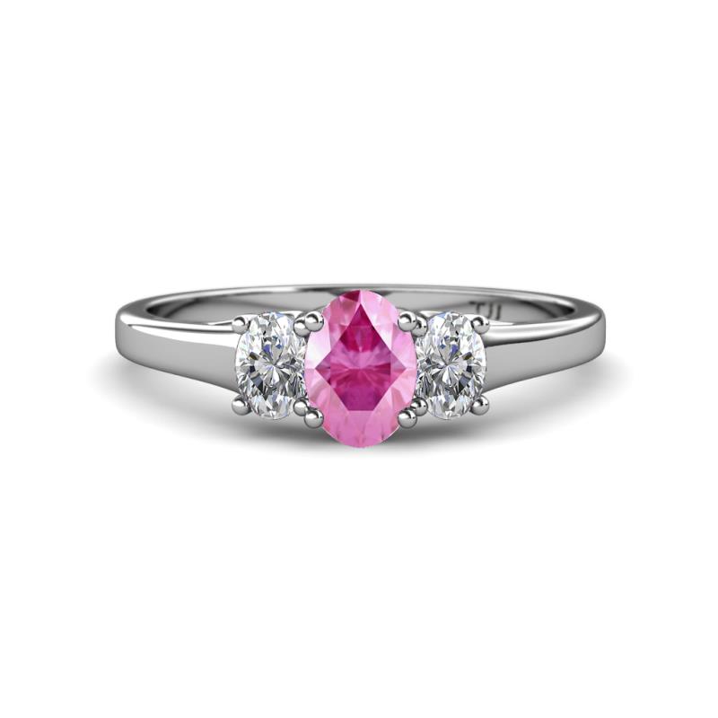 Orana 7x5 mm Oval Cut Pink Sapphire and Diamond 1.49 ctw Trellis Three Stone Engagement Ring 