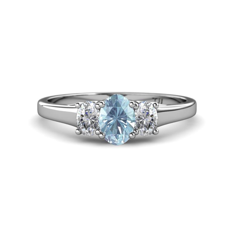 Orana 7x5 mm Oval Cut Aquamarine and Diamond 1.34 ctw Trellis Three Stone Engagement Ring 