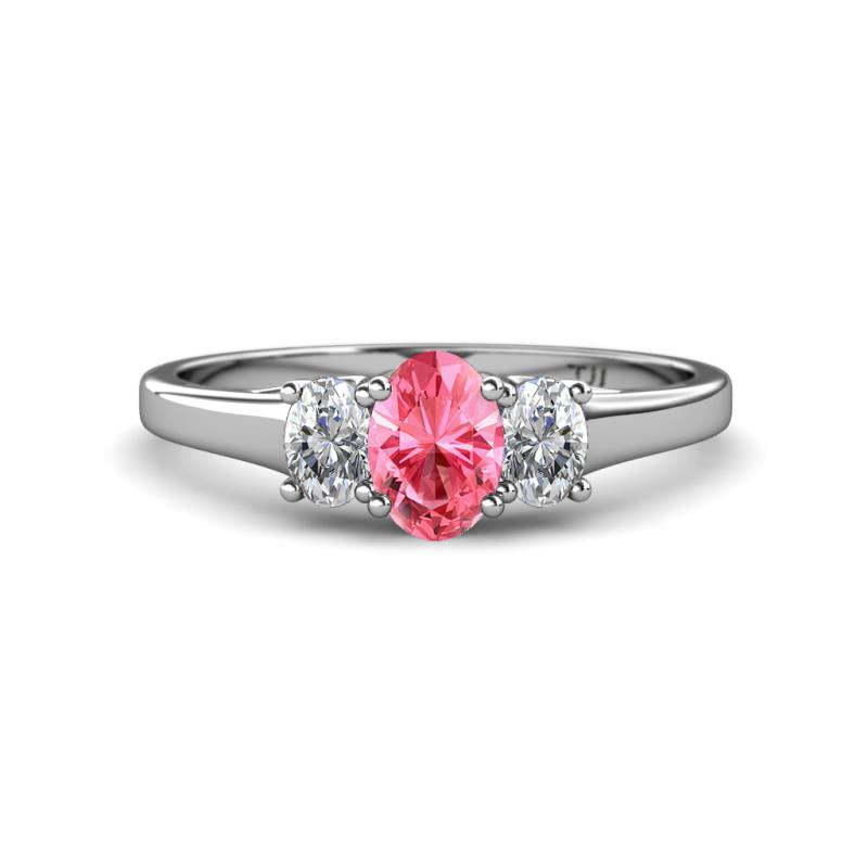 Orana 7x5 mm Oval Cut Pink Tourmaline and Diamond 0.89 ctw Trellis Three Stone Engagement Ring 