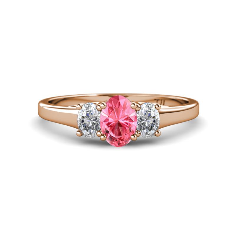 Orana 7x5 mm Oval Cut Pink Tourmaline and Diamond 0.89 ctw Trellis Three Stone Engagement Ring 