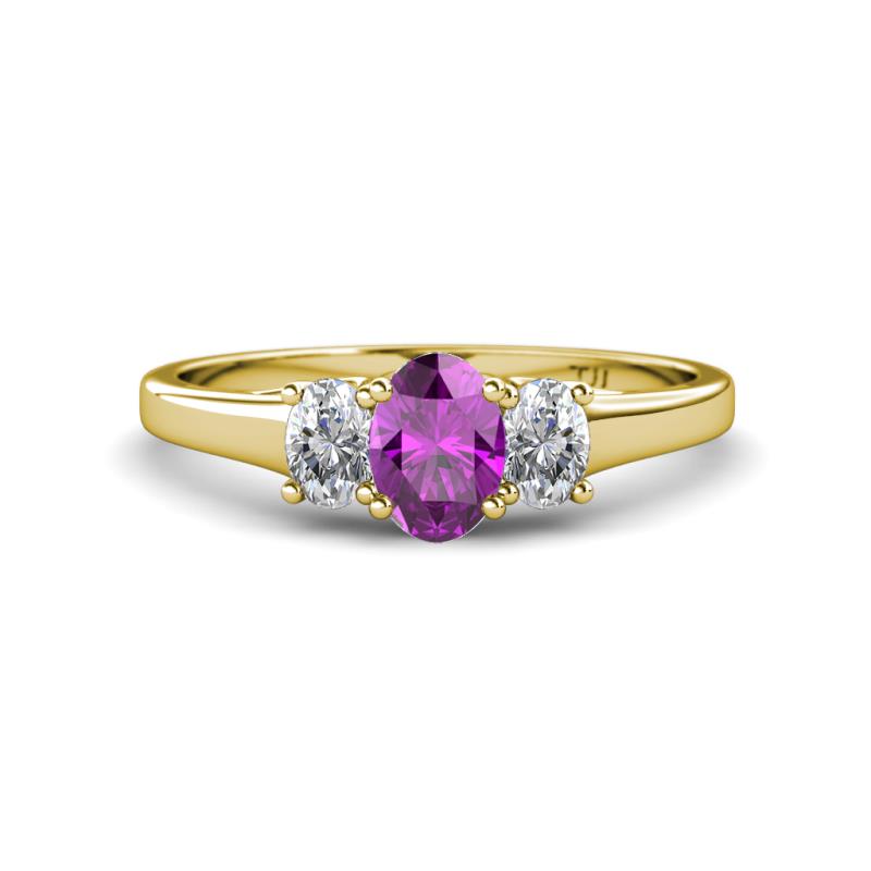 Orana 7x5 mm Oval Cut Amethyst and Diamond 1.34 ctw Trellis Three Stone Engagement Ring 