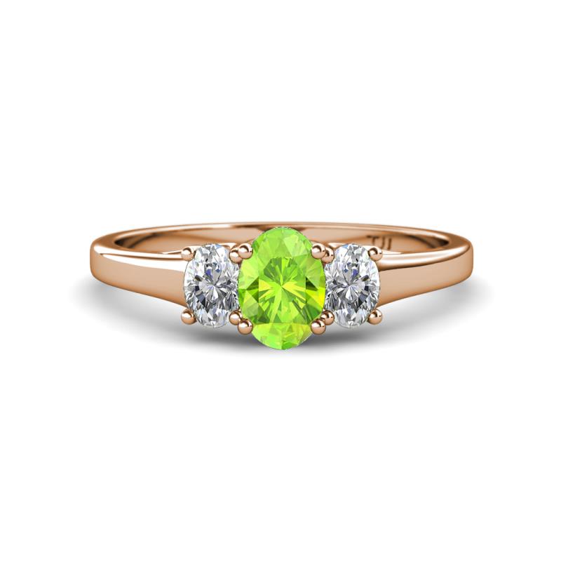 Orana 7x5 mm Oval Cut Peridot and Diamond 1.44 ctw Trellis Three Stone Engagement Ring 