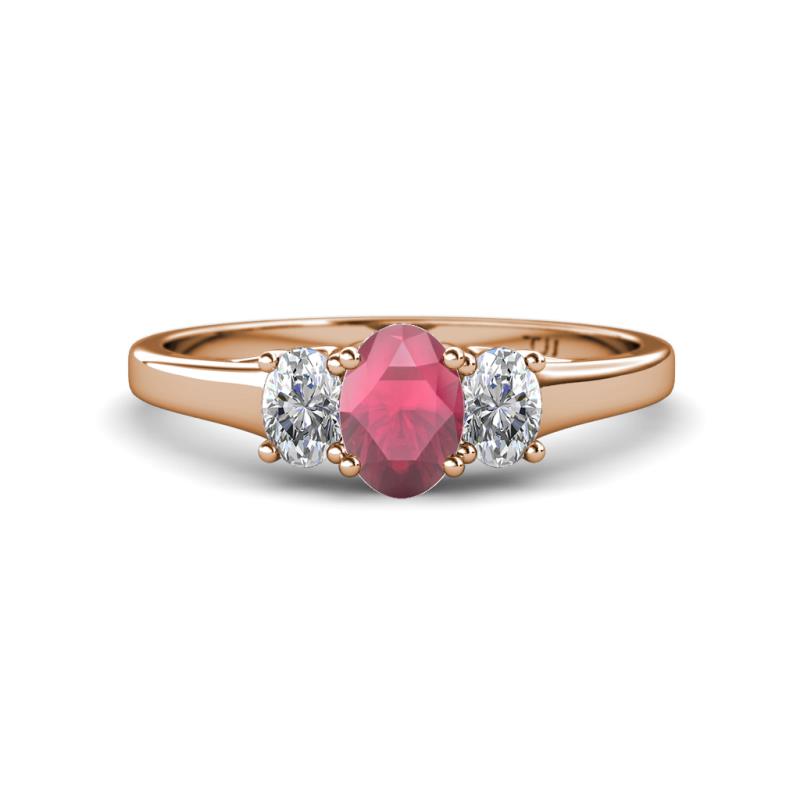 Orana 7x5 mm Oval Cut Rhodolite Garnet and Diamond 1.49 ctw Trellis Three Stone Engagement Ring 