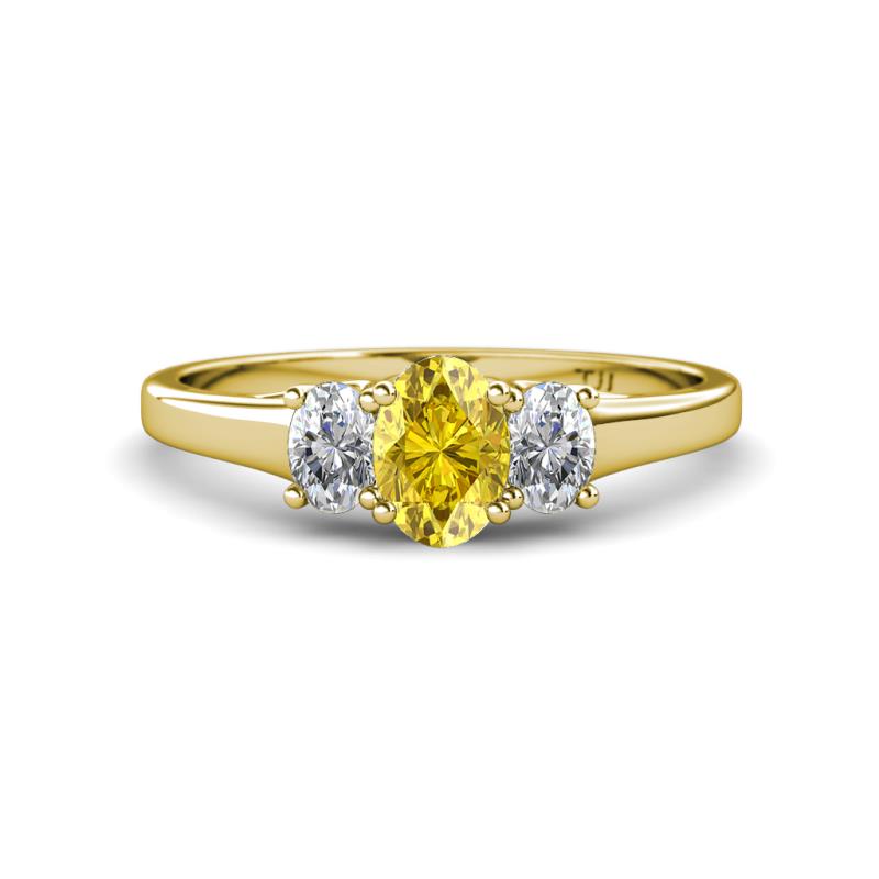 Orana 7x5 mm Oval Cut Yellow Sapphire and Diamond 1.49 ctw Trellis Three Stone Engagement Ring 