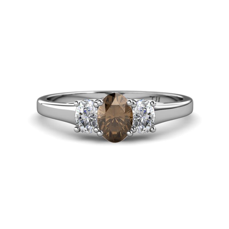 Orana 7x5 mm Oval Cut Smoky Quartz and Diamond 1.34 ctw Trellis Three Stone Engagement Ring 