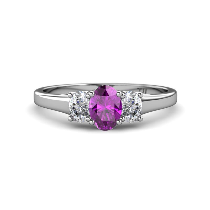Orana 7x5 mm Oval Cut Amethyst and Diamond 1.34 ctw Trellis Three Stone Engagement Ring 