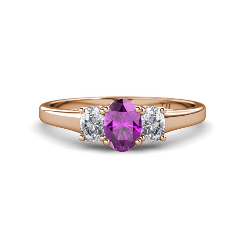 Orana 7x5 mm Oval Cut Amethyst and Diamond 1.34 ctw Trellis Three Stone Engagement Ring 