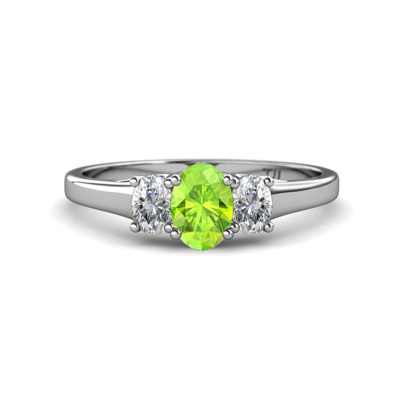 Orana 7x5 mm Oval Cut Peridot and Diamond 1.44 ctw Trellis Three Stone Engagement Ring 