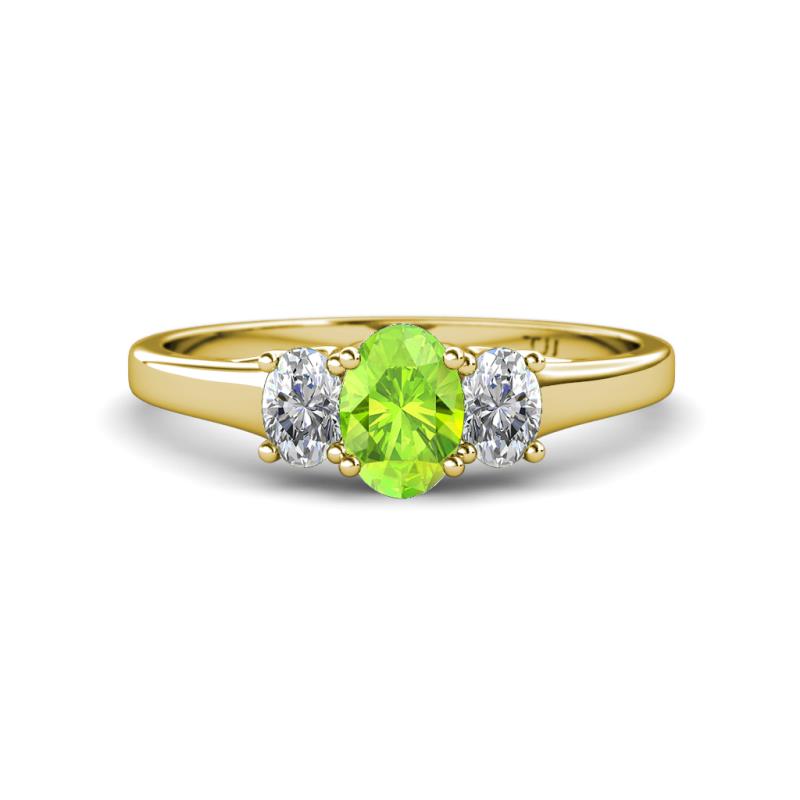Orana 7x5 mm Oval Cut Peridot and Diamond 1.44 ctw Trellis Three Stone Engagement Ring 