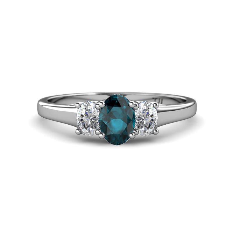 Orana 7x5 mm Oval Cut London Blue Topaz and Diamond 1.44 ctw Trellis Three Stone Engagement Ring 