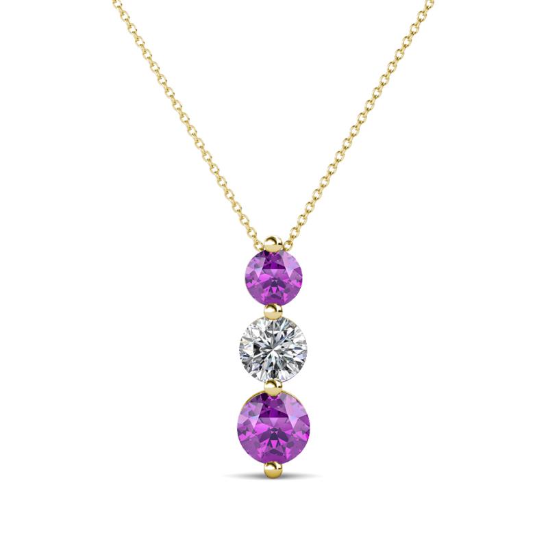 Kesha (4mm) Round Amethyst and Diamond Graduated Three Stone Drop Pendant 