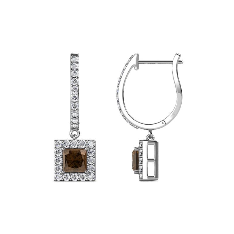 Ilona (4mm) Princess Cut Smoky Quartz and Round Diamond Halo Dangling Earrings 