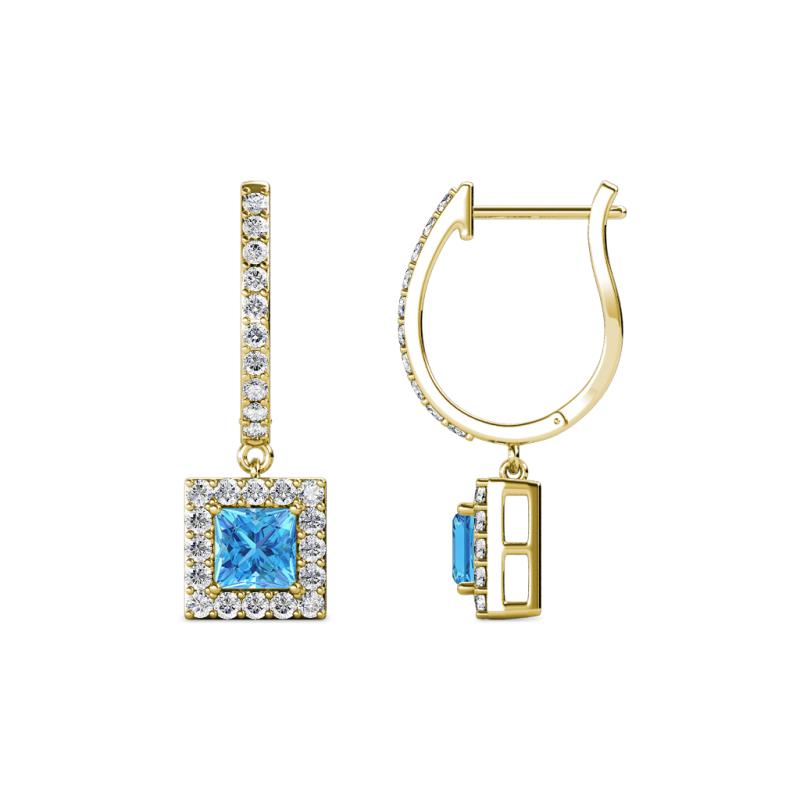 Ilona (4mm) Princess Cut Blue Topaz and Round Diamond Halo Dangling Earrings 
